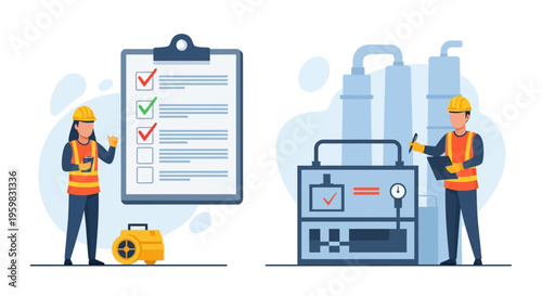 Industrial Safety and Quality Control: Engineers Inspecting Equipment with Checklist
