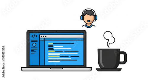 Illustration of a Laptop, Headset, and Coffee Cup for Remote Work.