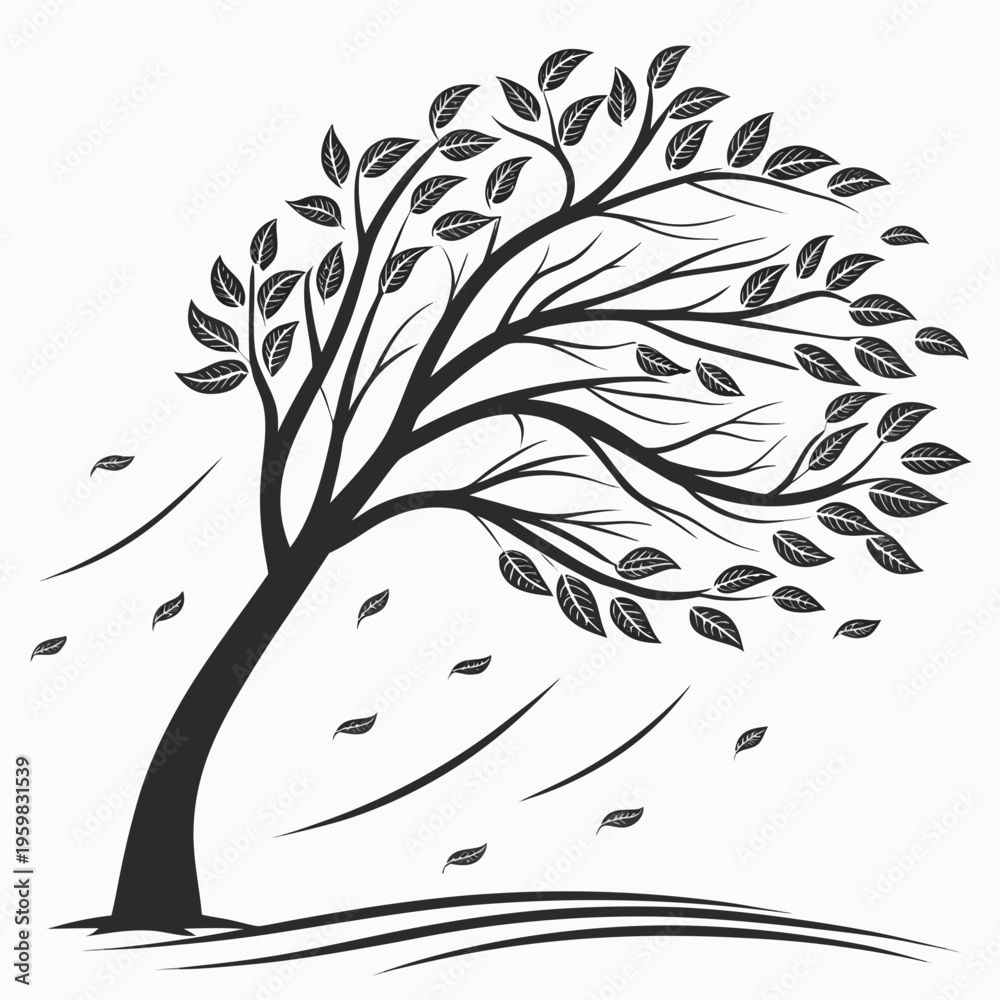 Obraz premium Black and white tree with leaves blowing in the wind
