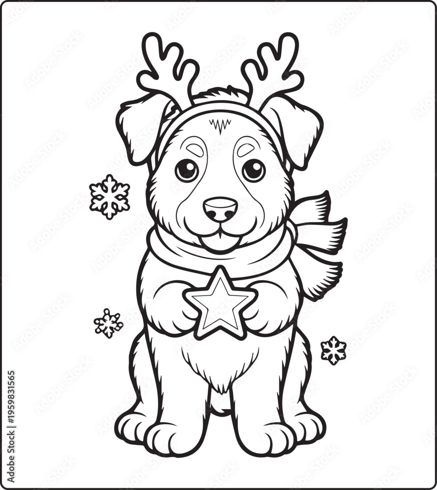 Obraz premium Cute dog wearing christmas costume in winter scene black line art vector illustration activity coloring page for kids