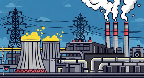 Illustration of a Nuclear Power Plant with Cooling Towers and Smokestacks.