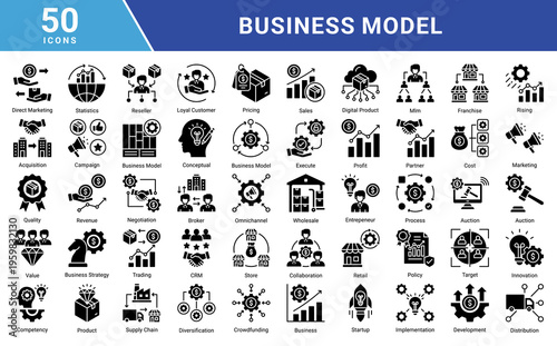 Business Model icon set featuring marketing,sales,revenue,distribution,startup,partnership,customer management,and innovation concepts.Ideal for business presentations,web,apps,and corporate design.