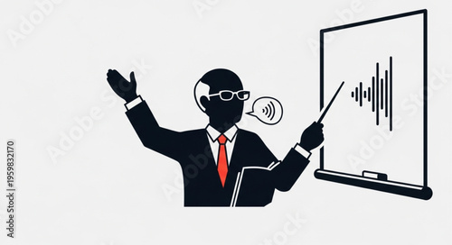 Illustration of a teacher explaining a graph with a pointer, holding a book.