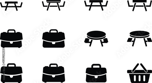 Set of black flat icons featuring picnic tables, business briefcases, and a shopping basket isolated on white background for web and graphic design