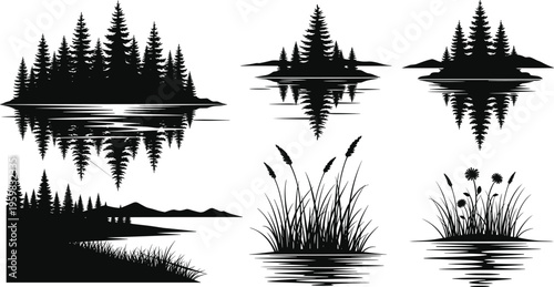 Pine forest lake reflection silhouette set, nature landscape outdoors scenery waterfront view, fir trees water ripple shore grass reed flowers cad drawing flat vector illustration,