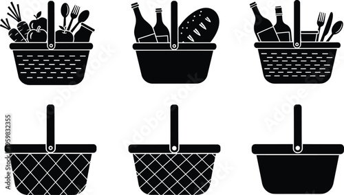 Set of picnic basket silhouettes featuring food, wine bottles, bread, fruits, and vegetables for outdoor dining, summer recreation, and healthy lifestyle