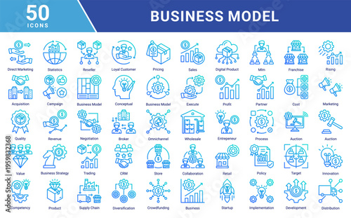 Business Model icon set featuring marketing,sales,revenue,distribution,startup,partnership,customer management,and innovation concepts.Ideal for business presentations,web,apps,and corporate design.