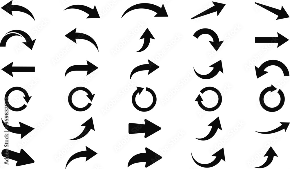 Fototapeta premium A set of black vector arrows in various directions and styles for design and navigation concepts