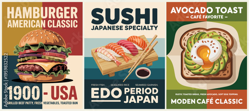 Three vibrant food posters showcase classic dishes. First, a hearty American burger with grilled patty and lettuce. Second, colorful sushi platter with chopsticks resting beside