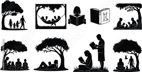 Silhouettes of people reading books under trees, family walking in nature, relaxation in hammock, library icons, cad drawing flat vector illustration,
