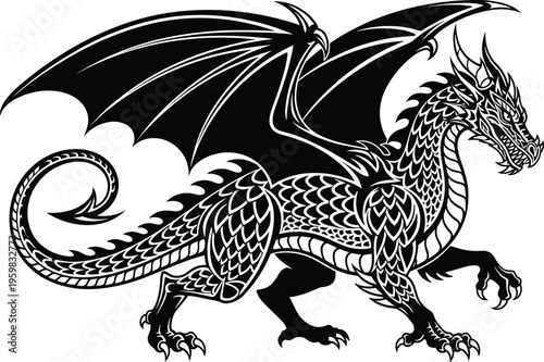 Powerful black dragon silhouette vector illustration featuring intricate scales and wings isolated on white background for fantasy gaming mythological