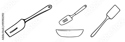 Spatula cooking icon set with flat single-color illustration featuring kitchen tools, culinary utensil, food preparation with minimalist design and vector graphic