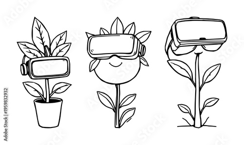 Plant set with doodle style illustration of a plant wearing a VR headset on a thick line drawing with white background featuring plant, VR headset, digital nature with quirky and imaginative