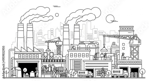Industrial Cityscape with Factories and Pollution in Black and White.