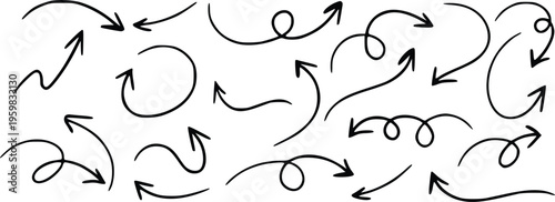 Hand Drawn Curved Arrow Set Vector, Doodle Swirl Arrows Collection, Sketch Direction Arrows Isolated on White Background