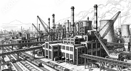 Industrial Complex - A Detailed Black and White Illustration.