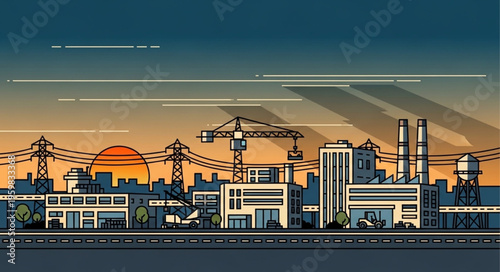 Industrial Cityscape with Factories, Cranes, and Power Lines at Sunset.