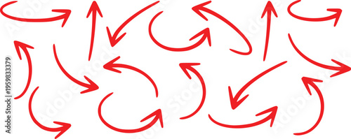 Hand Drawn Curved Red Arrows Set Vector Illustration, Circular Direction Arrows Collection, Brush Stroke Navigation Symbols Isolated on White