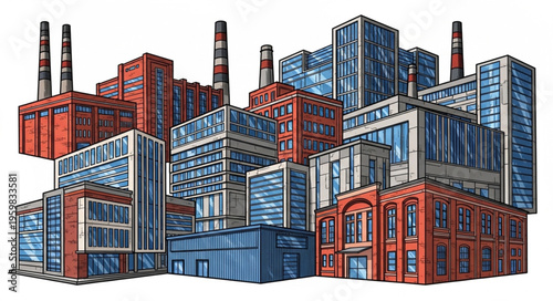 Industrial Complex - A Detailed Illustration of Factories and Buildings.