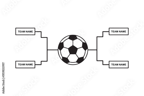 Soccer tournament bracket with football ball and team name placeholders, minimalist flat vector illustration