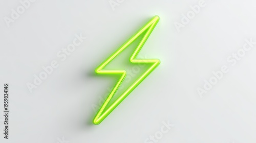 A bright, lime-green neon lightning bolt sign glows against a clean, white background. This minimalist design symbolizes energy, power, and modern aesthetics.
