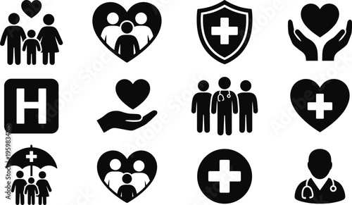 A set of line art vector silhouettes illustrating healthcare and medical concepts in a simple design.