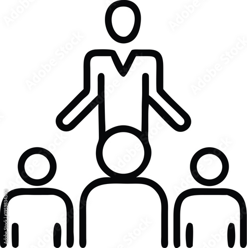 A simple black and white line drawing depicts a person juggling with three smaller figures watching from below high quality professional detailed modern elegant stylish clean