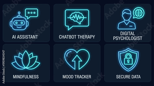 AI Assistant, Chatbot Therapy, Digital Psychologist, Mindfulness, Mood Tracker, and Secure Data Icons Set