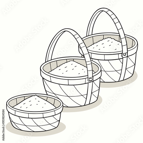 Line of baskets filled with rice line food grains containers