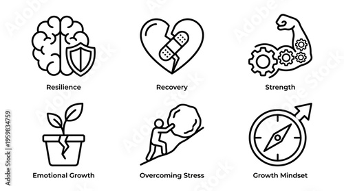 Six Resilience Concepts Illustrated Shielded Brain, Mended Heart, Flexing Bicep, Growing Plant, Boulder Push, Compass Navigation