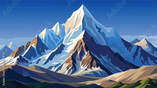 A majestic digital illustration of a towering snow capped mountain peak against a deep blue sky