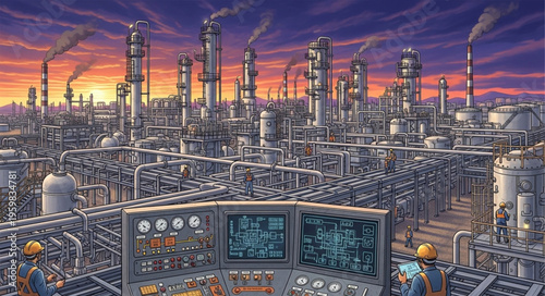 Industrial Complex at Sunset - A Detailed Depiction of a Refinery.