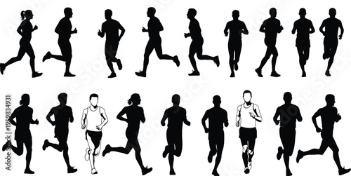 Running silhouettes collection with diverse postures and styles, vector illustration for sports, athletics, motion, and creative design projects