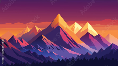 A vibrant digital illustration of jagged mountain peaks silhouetted against a colorful sunset sky