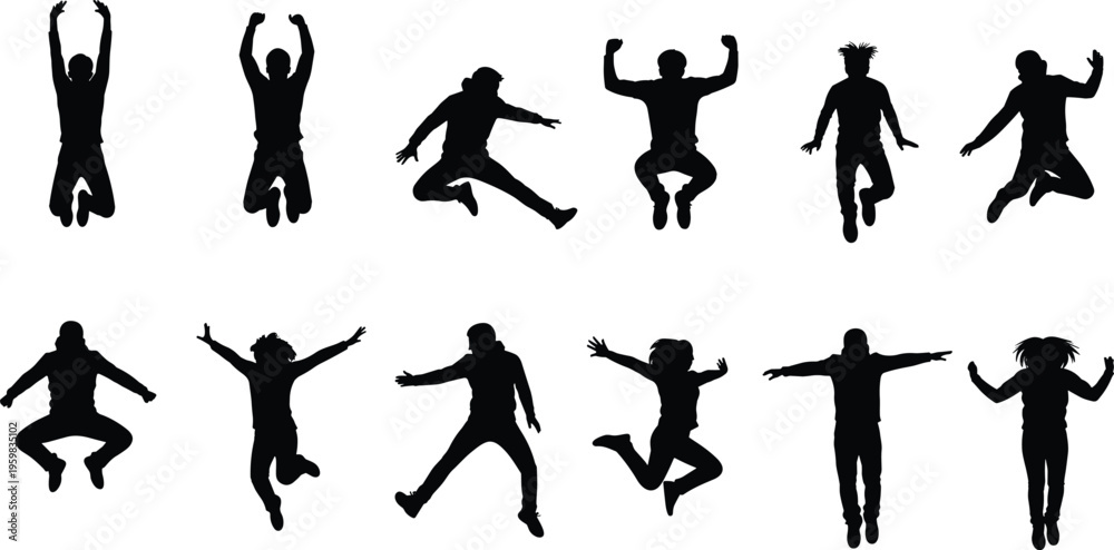 Fototapeta premium Silhouettes of people jumping in energetic poses, creative vector artwork, modern design illustration, dynamic human motion graphics