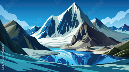 A majestic snow capped mountain range reflecting in a deep blue glacial lake under clear blue sky