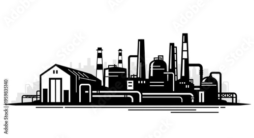 Industrial Complex Silhouette - A Detailed Black and White Illustration.