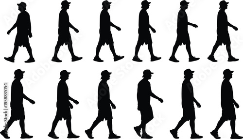 Silhouettes of person walking in sequential motion phases, creative vector artwork, modern design illustration, gait cycle graphics