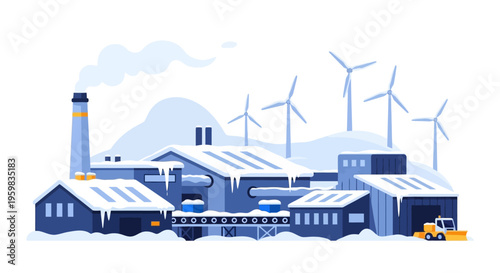 Industrial Production & Green Energy in Winter: Snowy Factories, Wind Turbines, and Snowplow