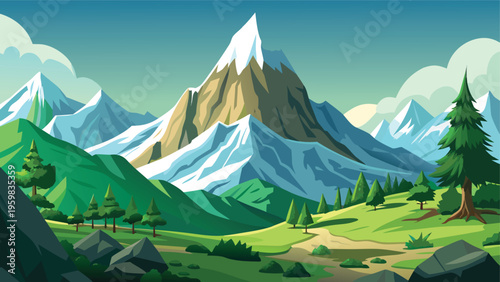 A majestic digital illustration of a tall snow-capped mountain peak rising above a green valley