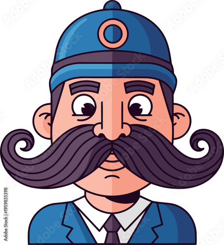 Cartoon illustration of a police officer with a large, comical mustache.  A playful and humorous design, perfect for social media or branding.