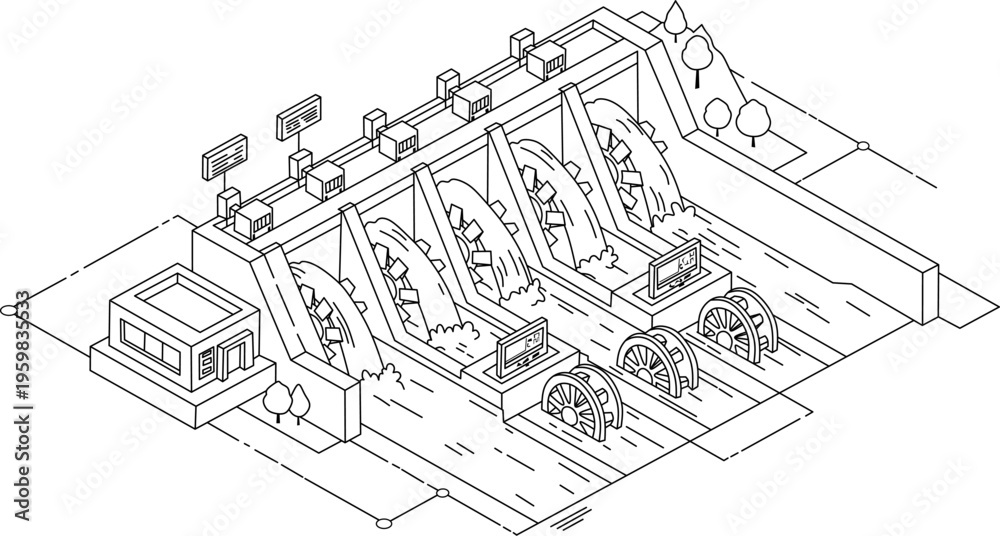 Fototapeta premium Technology dam line drawing of a hydroelectric dam with turbines for modern energy solutions, suitable for renewable energy concepts.