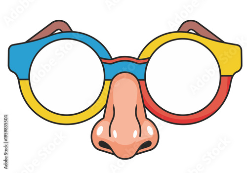 Funny cartoon illustration of glasses and nose. Bright colors, playful design. Ideal for social media, web graphics, and humorous content. Simple, vector style.