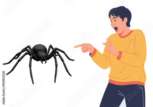 A young man reacts with surprise and laughter as a large spider looms nearby. Dynamic composition, bright colors, humorous illustration. Perfect for social media and web graphics.