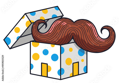 A playful illustration of a gift box with a comical mustache emerging from it. Bold colors and a simple, graphic style create a fun and memorable design.