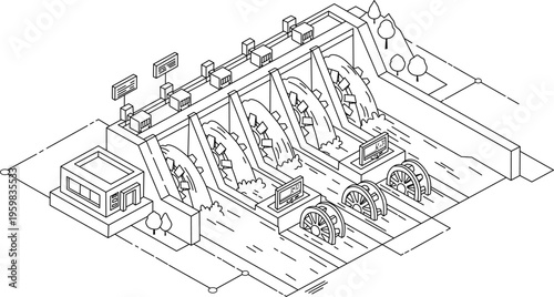 Technology dam line drawing of a hydroelectric dam with turbines for modern energy solutions, suitable for renewable energy concepts.