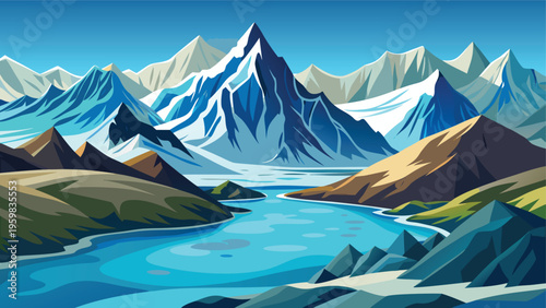 A serene illustration of a glacial lake surrounded by majestic snow capped mountain peaks at dawn