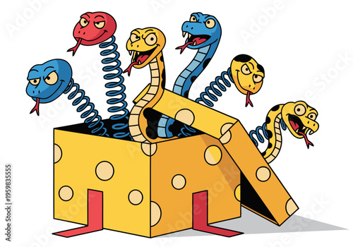 A playful illustration of colorful snakes emerging from a yellow box prank fun. Bold, cartoon style, vibrant colors, and a humorous concept. Great for marketing and creative projects.