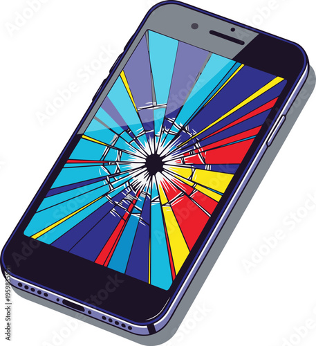 Smartphone displaying a shattered screen with a vibrant, abstract radial pattern. Text overlay reads "Phone Fake Shock Laugh." Bold, graphic design, modern aesthetic.