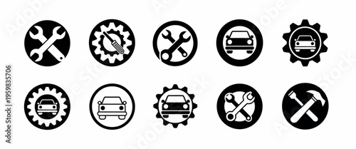 auto repair and service icons, vector illustrations of car tools wrench screwdriver hammer gear and engine symbols, clean minimal line art, editable strokes, scalable for automotive apps, websites....